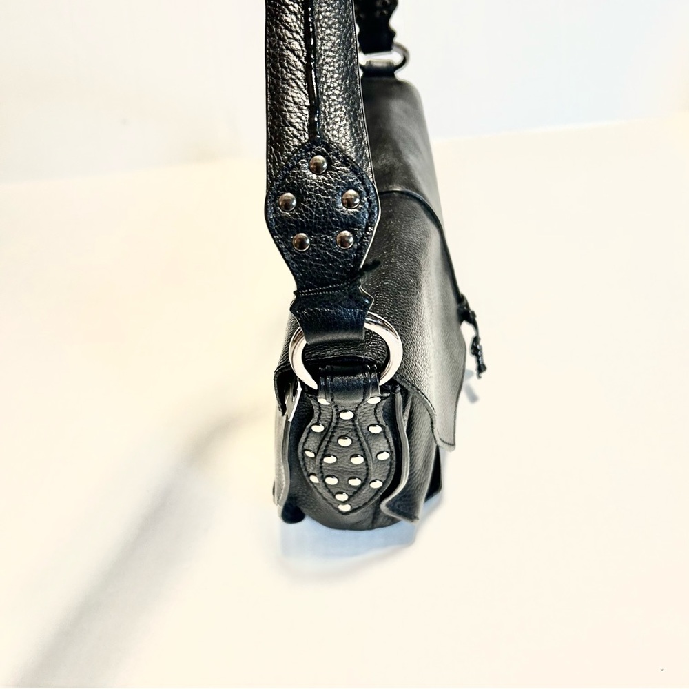 Y2K Via Spiga Shoulder Bag Pebbled Black leather Studded Flap magnetic closure - Picture 4 of 11